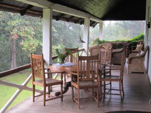 育空河恩加塞洛山林小屋的门廊上的木桌和椅子