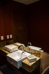 福塔莱萨Arte Motel (Adults Only)的浴室的柜台设有水槽和镜子