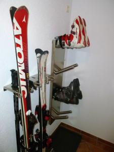 海因岑贝格索嫩特劳姆公寓的挂在墙上的一双滑雪板和鞋子