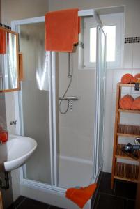 塔亚河畔拉镇Appartementhaus Thermeneck的带淋浴和盥洗盆的浴室