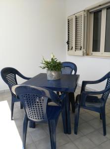 萨尔维Salento Mare Sabbioso的蓝色的桌子和椅子,上面有盆栽植物