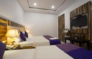 新德里Hotel Shri Vinayak at New Delhi Railway Station-By RCG Hotels的酒店客房设有两张床和一台平面电视。