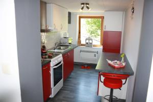 雷杜Lesse matinal的厨房配有红色橱柜和炉灶烤箱