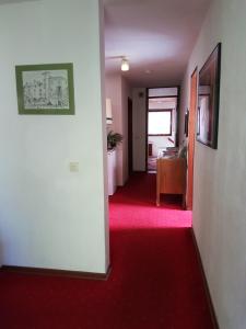 奥斯特菲尔登斯切恩莱因哈特酒店的一条铺有红地毯的空走廊和一个房间