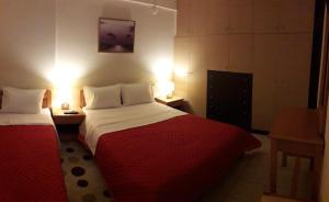 海若克利欧Dreamy Airport's Apartment的酒店客房设有两张床和两盏灯。