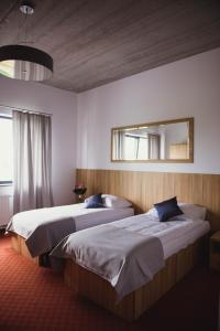 图雷克Hotel Turkovia的配有镜子的酒店客房内的两张床