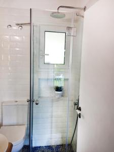 金尼昂Loukia Studios & Suites的带淋浴、卫生间和窗户的浴室