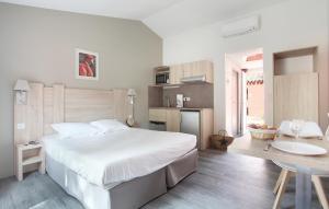 阿尔勒奥德利卡玛嘉定公寓酒店的一间带白色大床的卧室和一间厨房