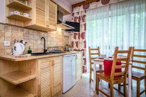 扎科帕内Aparthotel Pod Nosalem的厨房配有木制橱柜和桌椅