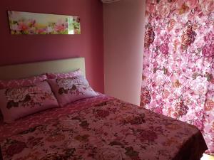 布德瓦维拉伽利略公寓的粉红色的卧室配有一张带粉红色花帘的床