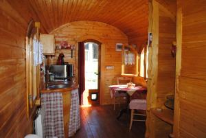 Lamothe-Capdevillela Roulotte du Cos的小木屋内的厨房和用餐室