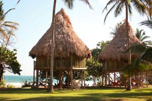 CalabazoEcolodge Playa Brava Teyumakke的海滩上的两座小屋,两座小屋种有棕榈树,享有海景