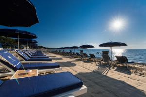 蓬塔阿拉加利亚宫酒店 - 餐厅&酒店的海滩上的一排躺椅和遮阳伞