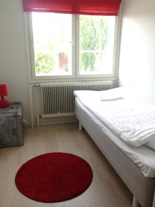 科尔波DAG-15的一间卧室配有一张红色地毯和窗户的床