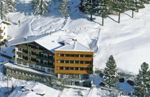索尔达Hotel Mignon的雪中,屋顶上积雪的酒店