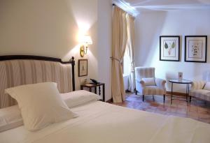 巴埃萨月亮门酒店的一间卧室配有一张床、一把椅子和一张桌子