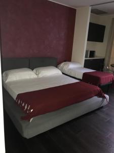 布鲁萨珀尔图周雅豪华公寓酒店的红色墙壁客房的两张床