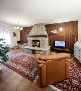 苏萨Armona的客厅设有石制壁炉和沙发。