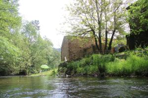 科尔武河畔米兰达赛特昆塔斯农家乐的一条有建筑、树木和河流的河流