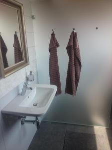 贝奇瓦河畔特普利采Apartmán Jakubka的浴室配有盥洗盆、镜子和毛巾