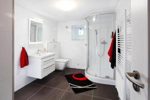 布尔诺Villa Z - apartment with private parking的带淋浴和盥洗盆的白色浴室