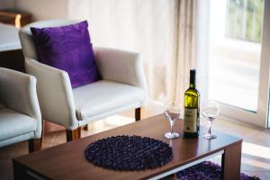 乌尔齐尼Apartments Hollaj的桌子上放有一瓶葡萄酒和两杯酒