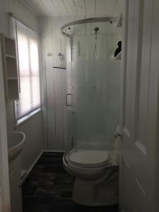 Saint-Laurent-de-l'ile d'OrleansAuberge Les Blancs Moutons的白色的浴室设有卫生间和淋浴。
