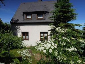 安娜贝格-布赫霍尔茨FEWO am PÖHLBERG的白色的房子,有黑色的屋顶和一些花