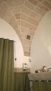 阿拉代奥La Piazza的浴室设有绿帘和砖砌天花板