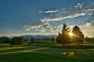 Carson卡森温泉度假Spa酒店的享有高尔夫球场的景色,阳光落在树后
