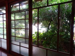 田边市一会旅馆的享有森林景致的开放式窗户