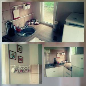 帕兰加Rita's Guest House的带水槽和冰箱的厨房的两张图片