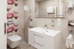 伊瑟隆恩格尔贝特酒店的一间带水槽、卫生间和镜子的浴室