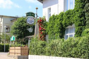 奥斯特西巴德钦诺维茨Baltisches Haus Pension Moll的前面有标志和鲜花的建筑