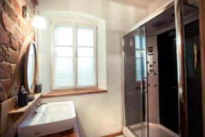 MirskGosciniec Kaszarnia Kamienne的一间带水槽和淋浴的浴室以及窗户。