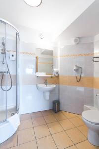 卡托维兹西里西亚品质酒店的带淋浴、盥洗盆和卫生间的浴室