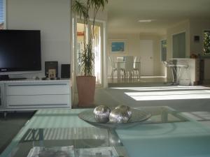 陶朗加海景别墅住宿加早餐酒店的客厅配有玻璃桌和电视