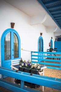 达哈布达哈布艾尔普里莫酒店的一组蓝色长椅,上面有鲜花