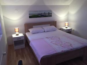 尼克希奇Apartments Premović Nikšić的一间卧室配有一张床、两个床头柜和两盏灯。