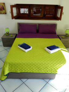奇尼斯莫杜斯维稳迪度假屋的一间卧室配有绿床和2条毛巾
