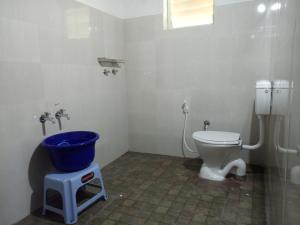 SomvārpetGowrikere Homestay Coorg的一间带卫生间和蓝色桶的浴室