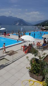 韦尔巴尼亚派斯蒂欧罗尔酒店的一座大型游泳池,里面的人都沉浸在水中