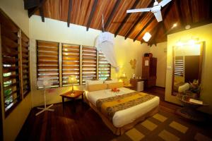南迪斐济俱乐部度假酒店的一间卧室设有一张大床和一个窗户。