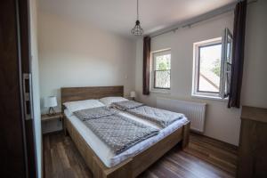 久洛Boka Apartmanház的一间卧室设有一张大床和一个窗户。