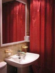 阿卡斯阿卡斯阿瓜酒店的浴室设有水槽和红色的淋浴帘