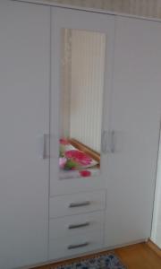 派尔努弗兰德伦帕匹尼杜公寓的白色的橱柜,配有镜子和床