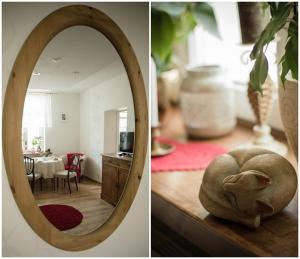 格涅兹诺Przyjazne mieszkanie na Starym Miescie的两幅照片,房间带镜子,客厅