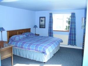 蒙默思Church Hill Farm的蓝色的卧室设有床和窗户
