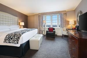 密尔沃基菲斯特酒店的酒店客房配有一张床、一张书桌和一台电视。