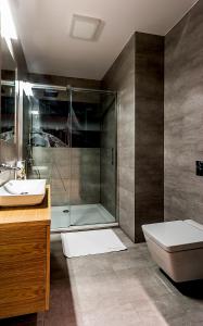 波别罗沃Apartamenty 111的带淋浴、卫生间和盥洗盆的浴室